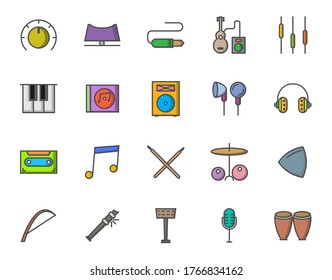 Vector music and related filled line icon set, 64x64 Pixel perfect icon, editable icon for web design and application on white isolated background
