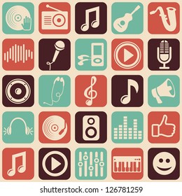 Vector music seamless pattern with icons and pictograms