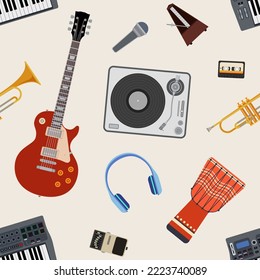 Vector music seamless pattern. Rock music theme. Pattern with synthesizer, electric guitar, vinyl player, headphones, cassette, microphone, pedal, djembe drum, trumpet, metronome. Color background.