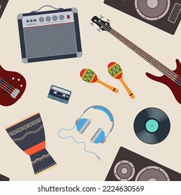 Vector music seamless pattern. Rock music theme. Pattern with bass guitar, headphones, cassette, djembe drum, maracas, amplifier, music speaker, vinyl record. Color background.