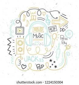 Vector music set. Love music. Headphones, microphone, music speaker, stereo Jack, notes, audio cassette lettering Pop rock Background music