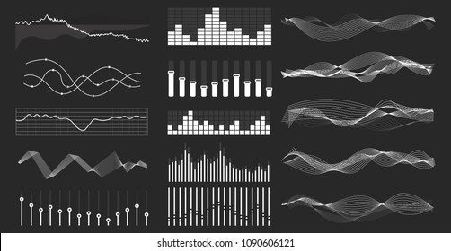 Vector music sound waves set. Audio digital equalizer technology, console panel, pulse musical.