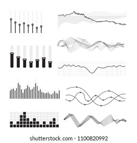 Vector music sound waves set. Audio digital equalizer technology, console panel, pulse musical.