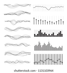 Vector music sound waves set. Audio digital equalizer technology, console panel, pulse musical.