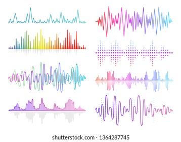 Vector music sound waves set. Audio digital equalizer technology, console panel, pulse musical.