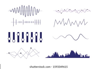 
Vector music sound waves set. Audio digital equalizer technology, console panel, musical pulse.