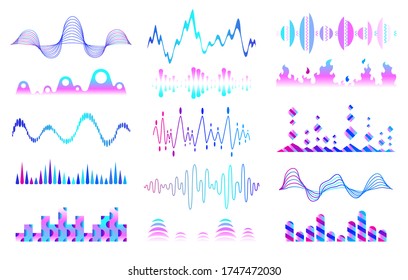 Vector music sound waves set. Audio digital equalizer technology, console panel, musical pulse. Modern music wave pattern. Concept musical bar. Dynamic light flow, with neon light effect