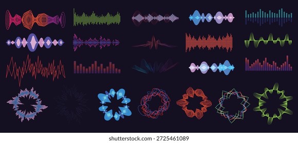 Vector music sound waves set. Audio digital equalizer technology, console panel, musical pulse. Modern music wave pattern. Concept musical bar. Dynamic light flow, with neon light effect