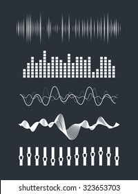 Ondas sonoras de música vetorial definidas. Tecnologia de equalizador digital de áudio, painel de console, pulso musical.