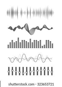 Ondas sonoras de música vetorial definidas. Tecnologia de equalizador digital de áudio, painel de console, pulso musical.