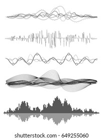 Vector music sound waves set. Audio digital equalizer technology, console panel, pulse musical.