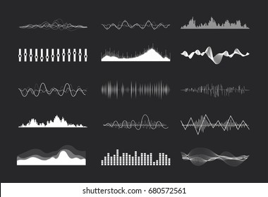 Vector music sound waves set. Audio digital equalizer technology, console panel, pulse musical.