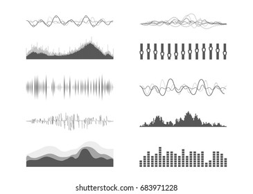 Vector music sound waves set. Audio digital equalizer technology, console panel, pulse musical.