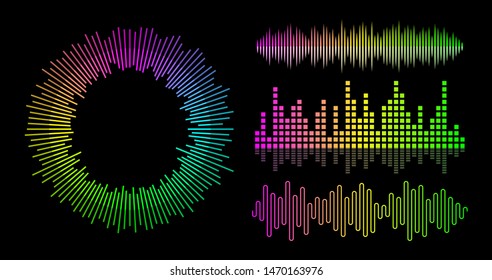 Vector music wave equalizer set. Audio player UI elements.