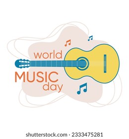 Tarjeta vectorial Music World Day, sticker, print, banner o afiche con guitarra aislada en un fondo blanco.

