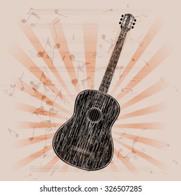 Vector musical background acoustic guitar with musical notes and signs in the background.