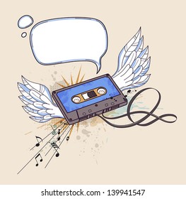 Vector musical background with audiocassette and wings