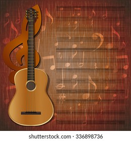 Vector musical background frame with a guitar and a treble clef on the texture background with musical signs and music sheet.It can be used as a poster, advertising or separately.