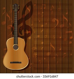 Vector musical background frame with a guitar and a treble clef on the texture wooden background with musical signs and music sheet.It can be used as a poster, advertising or separately.