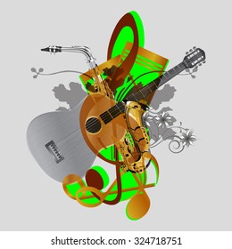 Vector musical background guitar with saxophone monochrome background with notes in color design. You can use as a template for any job, 218,218,218 gray background.