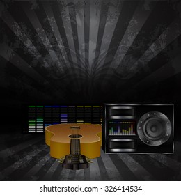 Vector musical background with guitar speaker and equalizers on a colored iridescent background. Can be used as a poster or advertising, all elements separate, can be changed as needed.