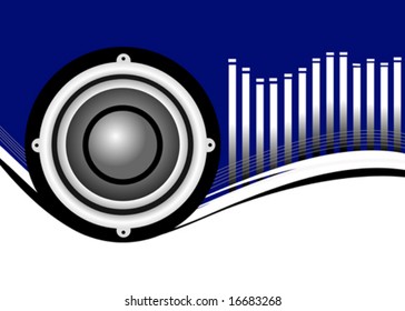 A vector musical background illustration with a large audio speaker on a blue and white backdrop with a graphic equalizer in white, room for text