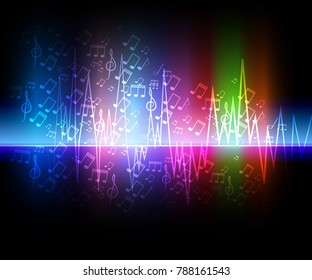 Vector musical background with notes and light effects. Vector illustration.