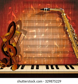 Vector musical background piano keys close up with musical signs and saxophone on the background of texture with notes.It can be used as a poster, advertising or separately.
