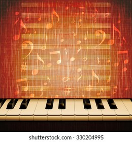 Vector musical background piano keys closeup with musical signs on the background of texture with notes.It can be used as a poster, advertising or separately.