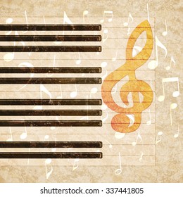 Vector musical background piano keys and musical notes on a textural grunge background.It can be used as a poster, advertising or separately.