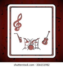 Vector musical background, template, stencil with a treble clef drums, guitar and saxophone, the texture on a red background.It can be used as a poster, advertising, or solely as a postcard.