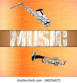 Vector musical background textured tissue paper with a picture of the different layers of saxophone and trumpet. It can be used as a poster, advertising or separately.
