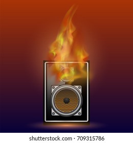 Vector Musical Black Speaker and Fire Flame Isolated on Blurred Red Blue Background