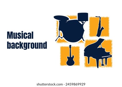 Vector musical colorful jazz background. Musical instruments guitar, drums, piano, saxophone