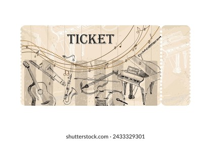 Vector musical concert ticket template.