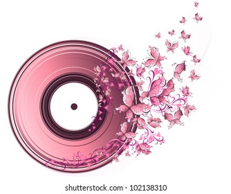 Vector musical disk with butterflies. Floral record