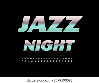 Vector Musical emblem Jazz Night. Trendy Metallic Font. Italic Silver Alphabet Letters and Numbers.