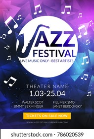 Vector Musical Flyer Jazz Festival. Music Poster Background Festival Concert Banner Or Flyer Template.