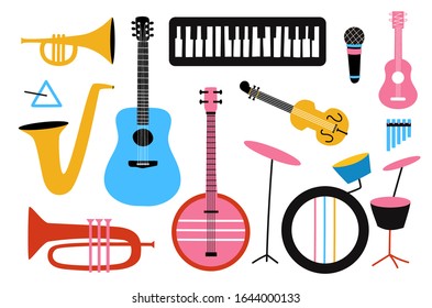 Vector musical icon collection. Isolated set with drums, guitars, wind instruments