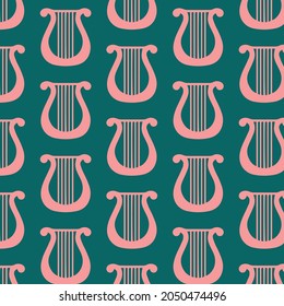 Vector musical instrument pattern with pink harp on green background