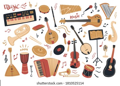 Vektormusikinstrument-Set. Internationaler Musiktag. Illustration von Gitarre, Trompete, Tambourin, Saxophon, Drum, Violine, Harmonica, Clef, Harfe, Klavier, Mandoline, Banjo, Akkordeon.