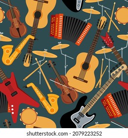 Vector musical instruments. Acoustic guitar, electric guitar, bass guitar, tambourine, saxaphone and violin in seamless texture.