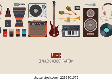 Vector musical instruments horizontal seamless border pattern. Flat design. Music instruments objects set.