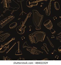 Vector musical instruments seamless pattern with hand drawn doodle elements. Jazz or classic music background. Template for cover, postcard, magazines