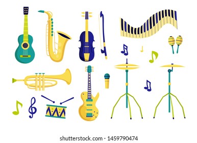 Vector musical instruments set. Saxophone, electric guitar, trumpet, drum, guitar, piano, microphone, violin isolated on white background. Wind and string instruments. Flat style design.