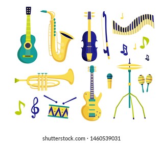 Vector musical instruments set. Saxophone, electric guitar, trumpet, drum, guitar, piano, microphone, violin isolated on white background. Wind and string instruments. Flat style design.