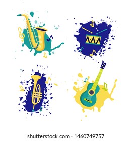 Vector musical instruments set. Saxophone, trumpet, drum, guitar isolated on white background with splashes. Wind and string instruments. Flat style design.