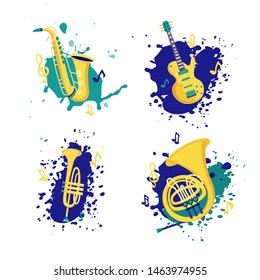 Vector musical instruments set. Saxophone, trumpet, electric guitar, french horn isolated on white background with splashes. Wind and string instruments. Flat style design.