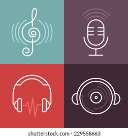 Vector musical logos and icons in outline style - set of design elements - music and audio concepts