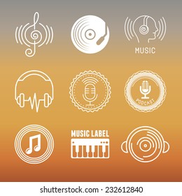 Vector musical logos and icons in outline style - set of design elements - music and audio concepts